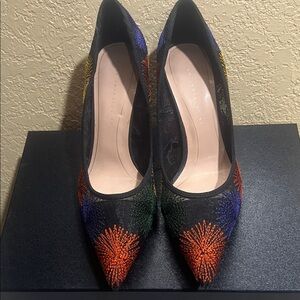 Zara Black Pointed-Toe Heels with Multicolor Mesh Embroidered Bursts